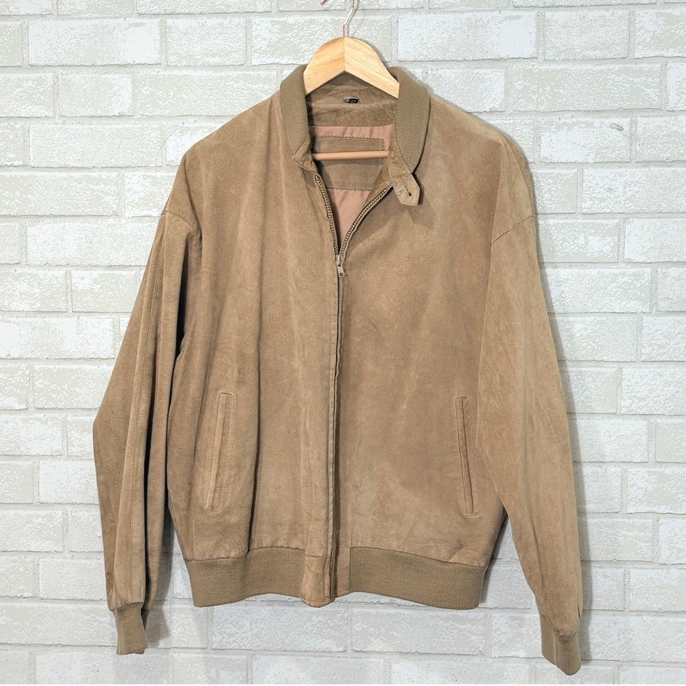 Vintage Orvis Men Suede Leather Bomber Jacket Size L (42) Tan Retro 90s Full ZIp